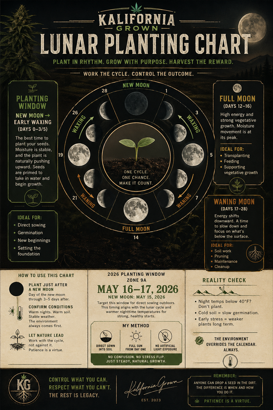 Learn when to plant cannabis outdoors using the Kali Grown lunar planting guide. Discover how moon phases, temperature, and timing create stronger, healthier plants.