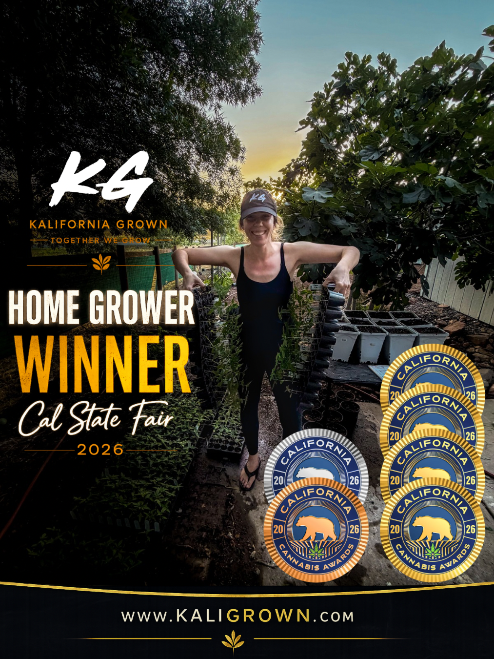 Lacee Horner celebrating her 2026 California State Fair Home Grower Winner medals at Kali Grown with healthy cannabis seed starts in the background
